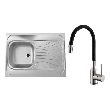 ALVEUS SETA24019 - Fregadero de cocina CLASSIC 80x60 cm + grifo con caño flexible MINTAS 34 cm acero cepillado/negro
