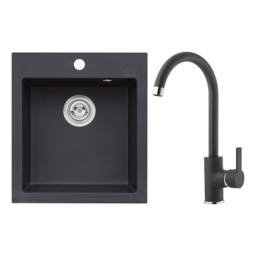 ALVEUS SETA737 - Fregadero de cocina CORTINA 50x45 cm + grifo con brazo flexible TONIA 29,5 cm granito/mat negro