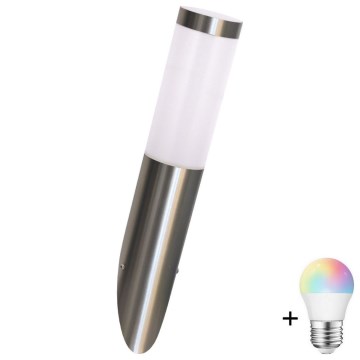 Aplique de pared exterior LED RGBW regulable LIVIA 1xE27/6,5W/230V 2700-6500K Wi-Fi IP44 plateado