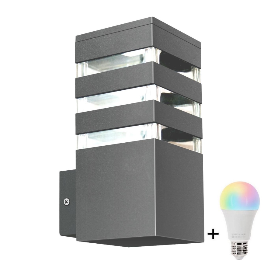 Aplique de pared exterior LED RGBW regulable TEKSAS 1xE27/12W/230V 2700-6500K Wi-Fi IP44 antracita