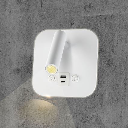 Aplique de pared LED con puerto USB, 8W/230V, 3000K, blanco