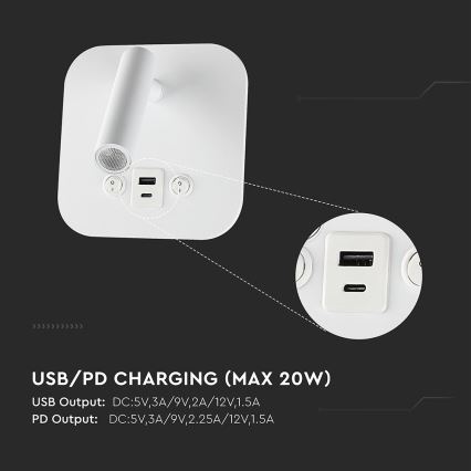 Aplique de pared LED con puerto USB, 8W/230V, 3000K, blanco