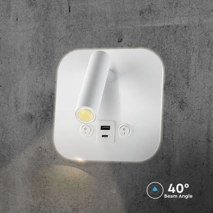 Aplique de pared LED con puerto USB, 8W/230V, 3000K, blanco