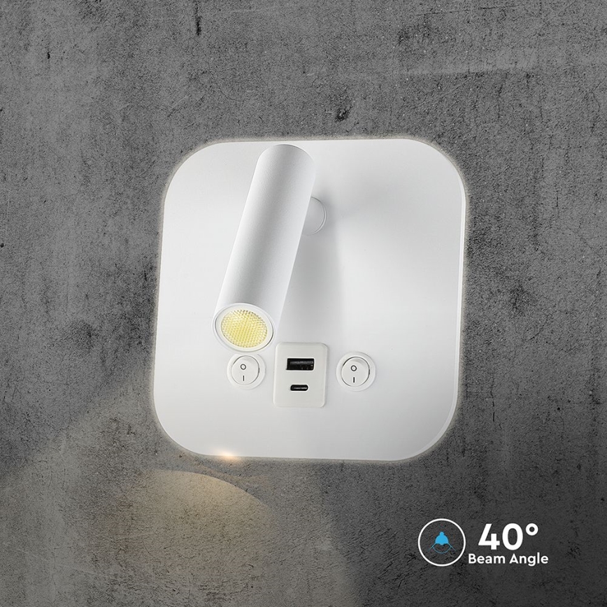 Aplique de pared LED con puerto USB, 8W/230V, 3000K, blanco