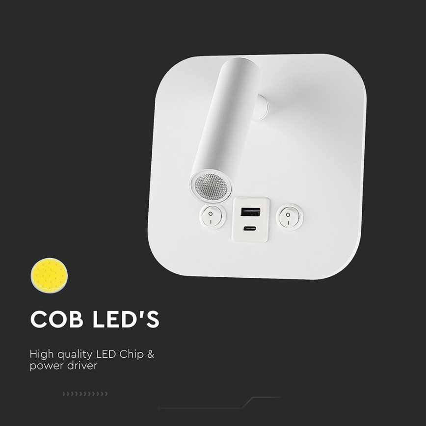 Aplique de pared LED con puerto USB, 8W/230V, 3000K, blanco