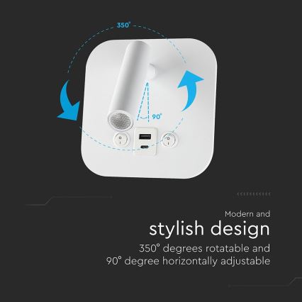 Aplique de pared LED con puerto USB, 8W/230V, 3000K, blanco