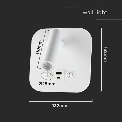 Aplique de pared LED con puerto USB, 8W/230V, 3000K, blanco