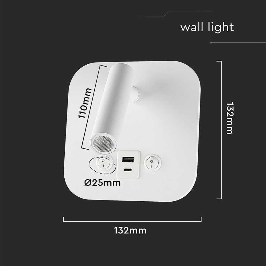 Aplique de pared LED con puerto USB, 8W/230V, 3000K, blanco
