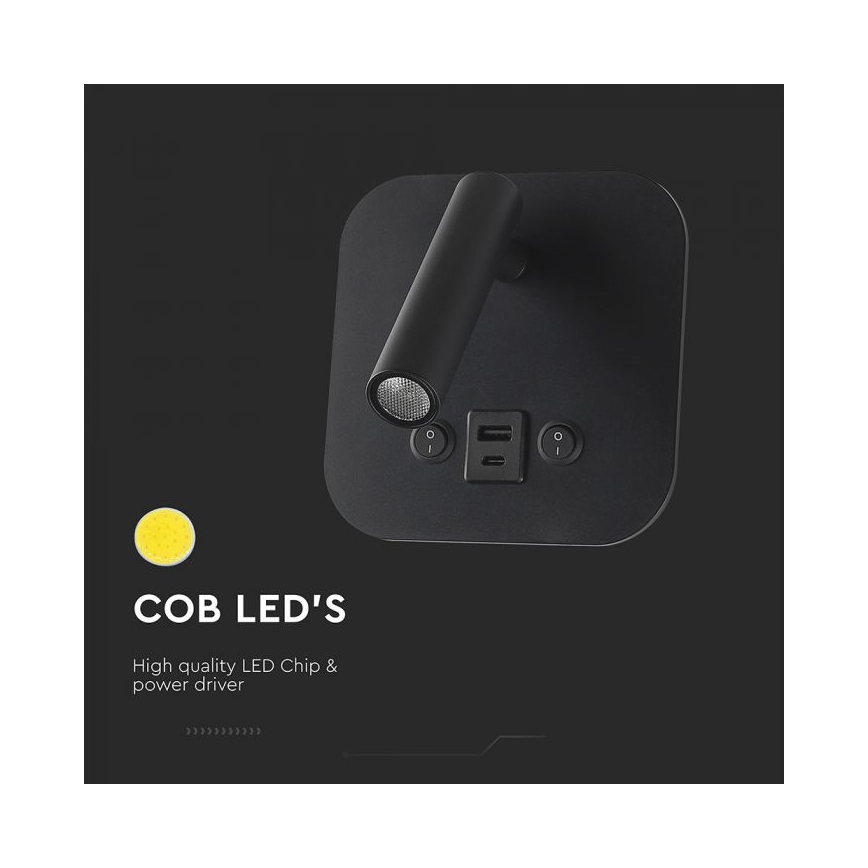 Aplique de pared LED tipo foco con puerto USB LED/8W/230V 3000K negro