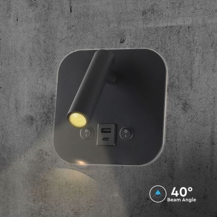 Aplique de pared LED tipo foco con puerto USB LED/8W/230V 3000K negro