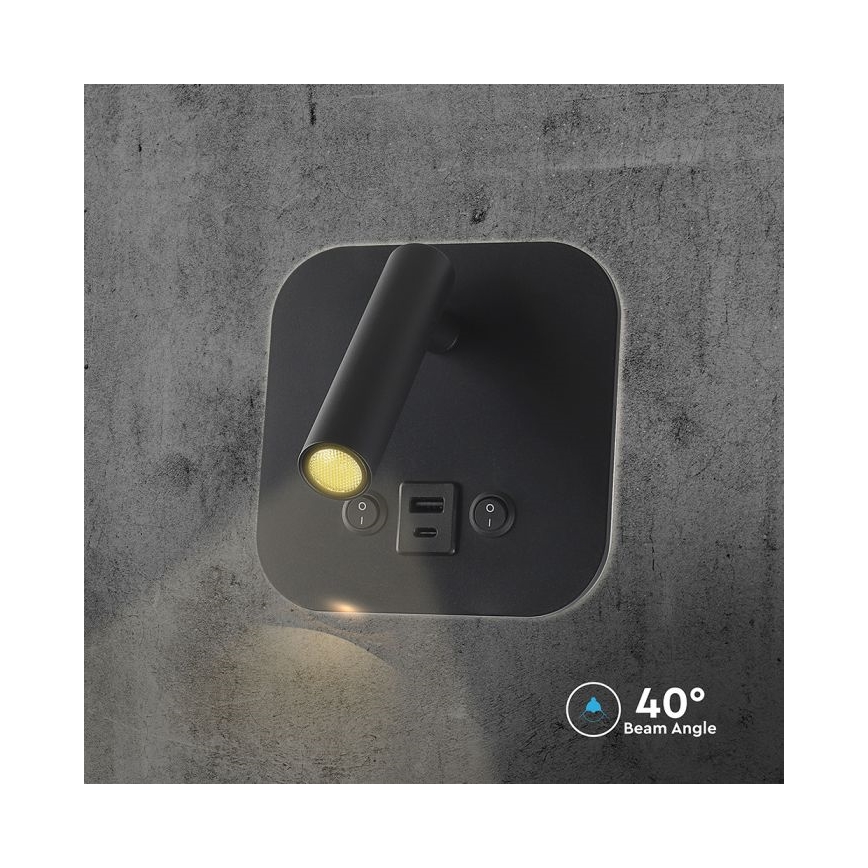 Aplique de pared LED tipo foco con puerto USB LED/8W/230V 3000K negro