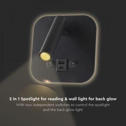 Aplique de pared LED tipo foco con puerto USB LED/8W/230V 3000K negro