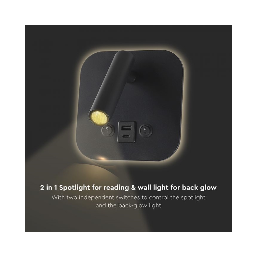 Aplique de pared LED tipo foco con puerto USB LED/8W/230V 3000K negro