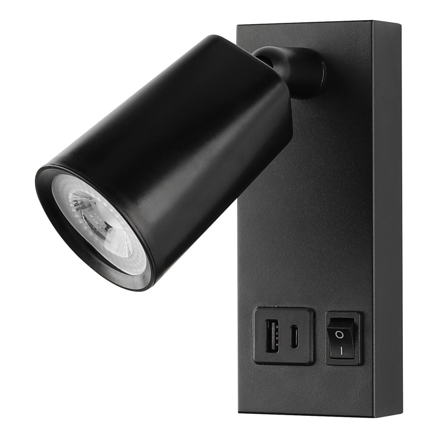 Aplique focal de pared LED con carga USB LED/5W/230V negro