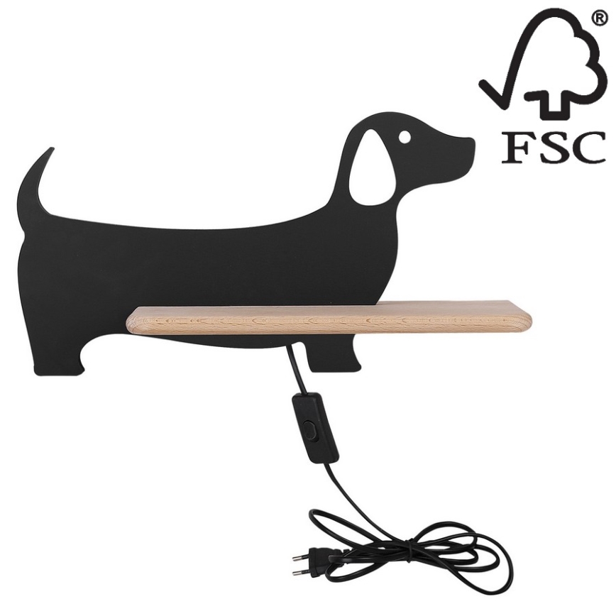 Aplique infantil LED con estante DOG LED/5W/230V negro/madera
