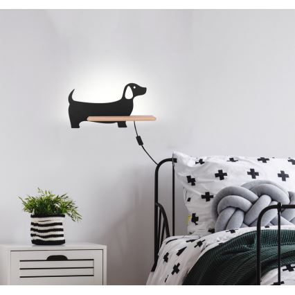 Aplique infantil LED con estante DOG LED/5W/230V negro/madera