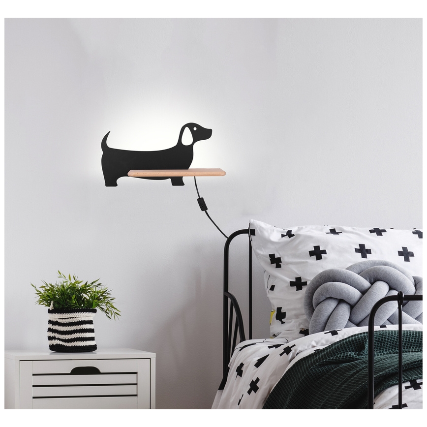 Aplique infantil LED con estante DOG LED/5W/230V negro/madera