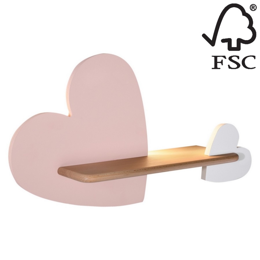 Aplique infantil LED con estante HEART LED/5W/230V rosa/blanco/madera