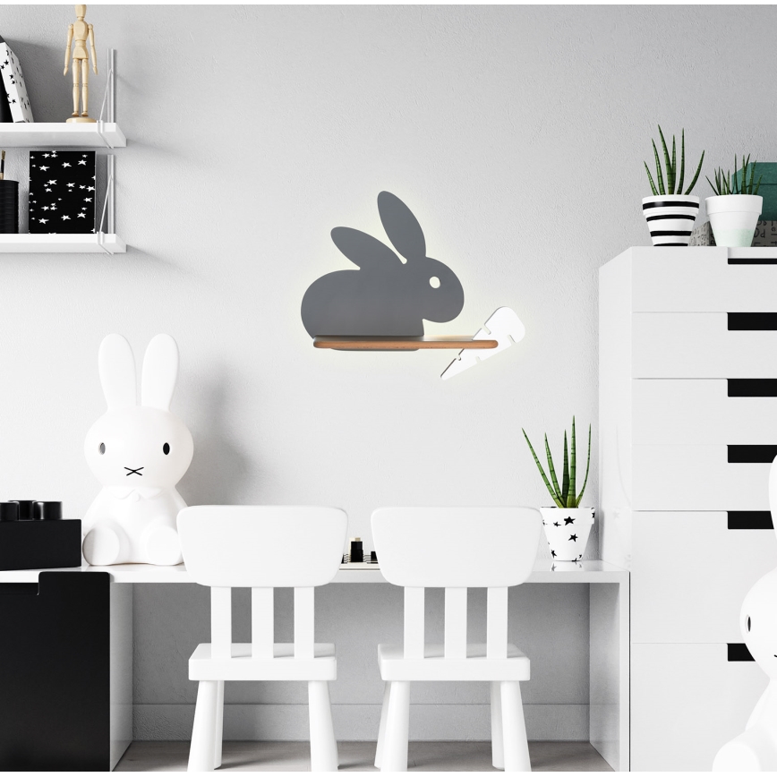 Aplique infantil LED con estante RABBIT LED/4W/230V gris/blanco/madera