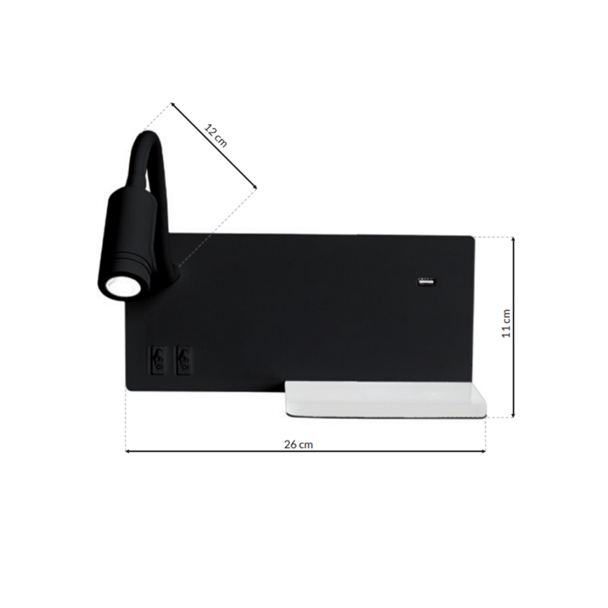 Aplique LED de pared SHELF LED/4W+LED/5W+LED/2W/230V negro