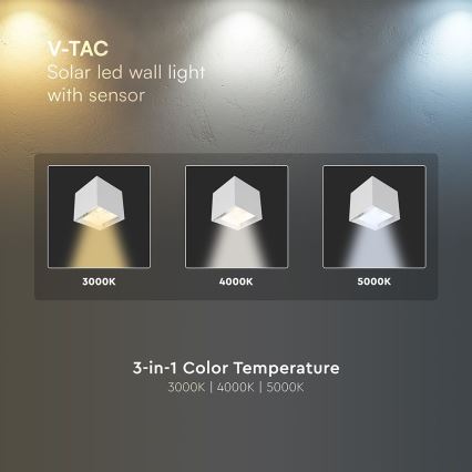 Aplique solar de pared LED con sensor, 9W/5V, 3000/4000/5000K, IP65, 2600 mAh, blanco