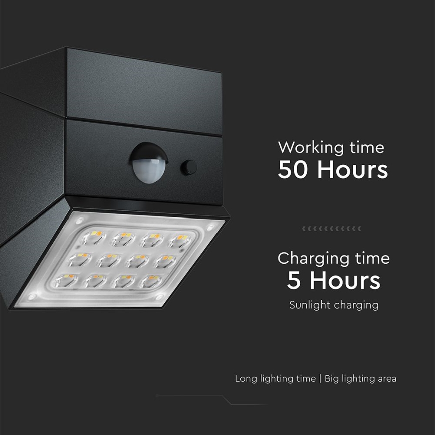 Aplique solar LED de pared con sensor LED/2,5W/3,7V 3000/4000/6000K IP65 1200 mAh negro