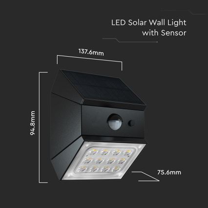 Aplique solar LED de pared con sensor LED/2,5W/3,7V 3000/4000/6000K IP65 1200 mAh negro