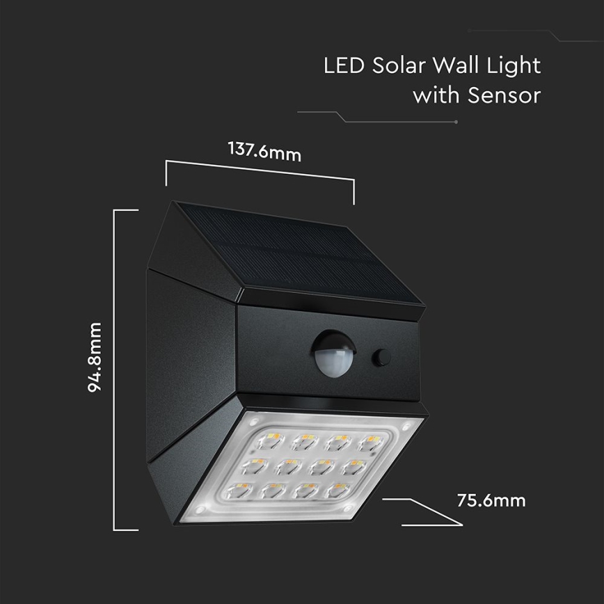 Aplique solar LED de pared con sensor LED/2,5W/3,7V 3000/4000/6000K IP65 1200 mAh negro