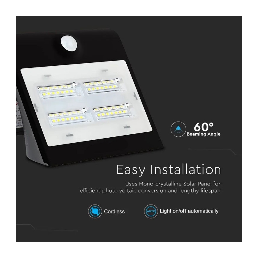 Aplique solar LED con sensor LED/3W/3,7V 3000/4000K IP65 negro