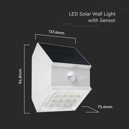 LED Aplique solar de pared con sensor LED/2,5W/3,7V 3000/4000/6000K IP65 1200 mAh blanco