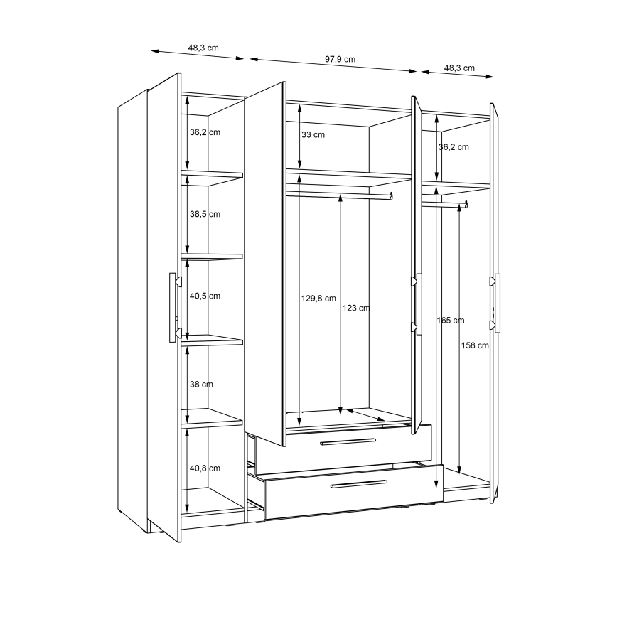Armario con espejo MARO 200x213 cm, acabado roble artisan