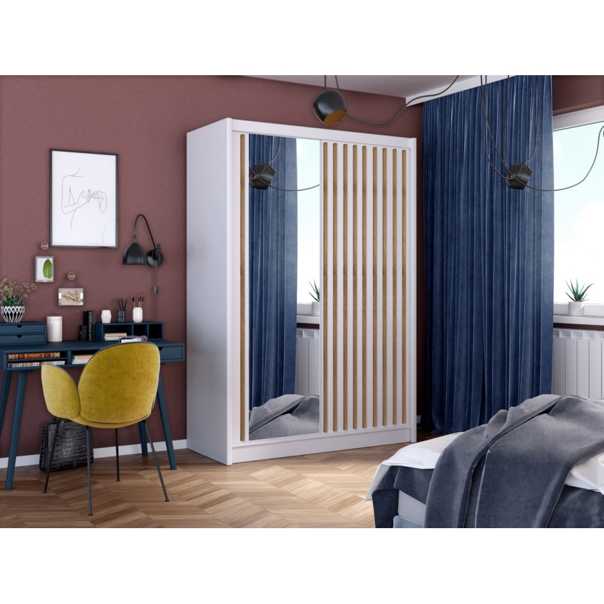 Armario con espejo SANTINO 150x215 cm blanco/roble craft