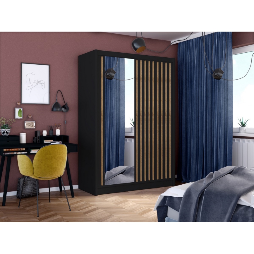 Armario con espejo SANTINO 150x215 cm negro/roble craft