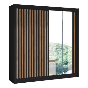 Armario con espejo SANTINO 203 x 215 cm negro/roble craft