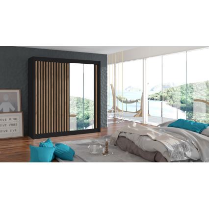 Armario con espejo SANTINO 203 x 215 cm negro/roble craft