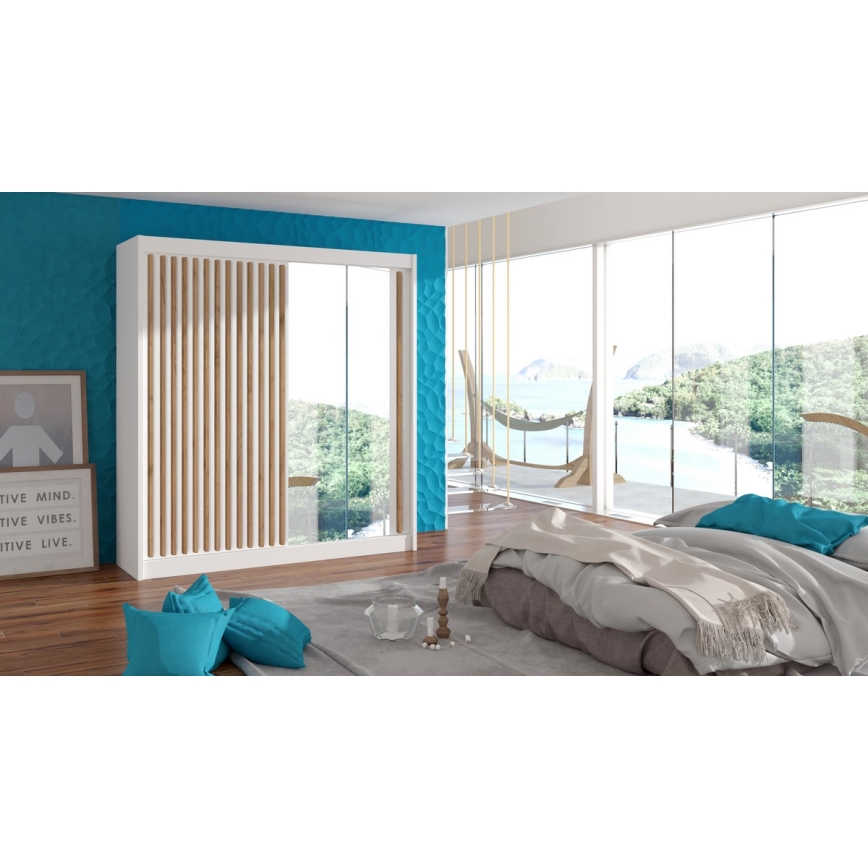 Armario con espejo SANTINO 203x215 cm blanco/roble craft