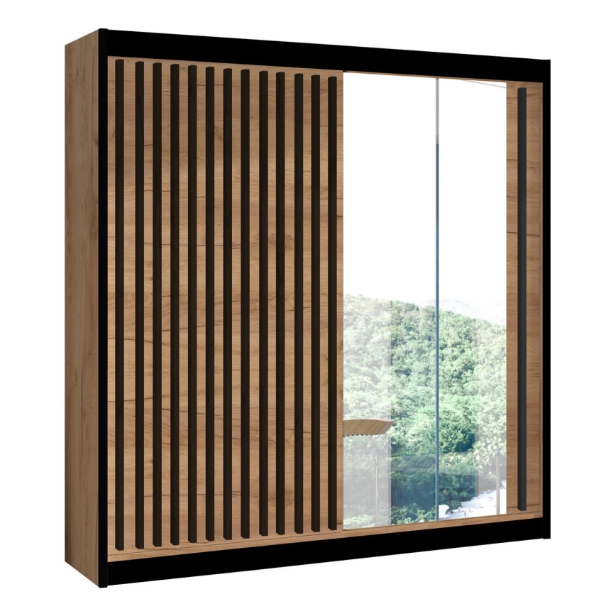 Armario con espejo SANTINO 203x215 cm roble craft/negro