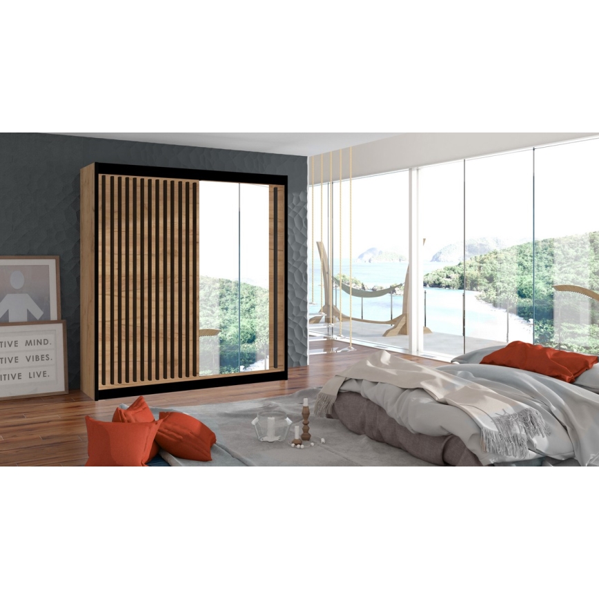 Armario con espejo SANTINO 203x215 cm roble craft/negro