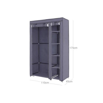 Armario de tela MATIS 110x175 cm con estantes y barra para colgar, gris