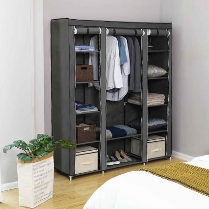Armario de tela MATIS 150x175 cm con estantes y barra para colgar, gris