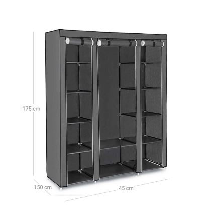 Armario de tela MATIS 150x175 cm con estantes y barra para colgar, gris