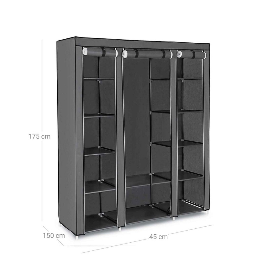 Armario de tela MATIS 150x175 cm con estantes y barra para colgar, gris