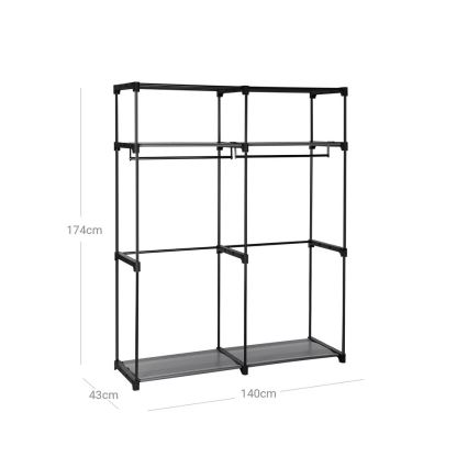 Armario de tela para almacenamiento MATIS 140x174 cm, negro, con estantes y barra para colgar