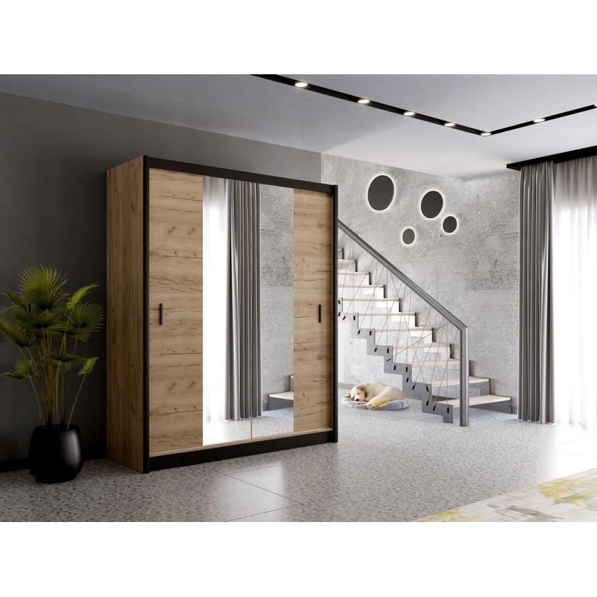 Armario con espejo MIRO 203x215 cm roble craft/negro
