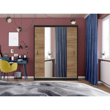 Armario con espejo MIRO 203x215 cm roble craft/negro