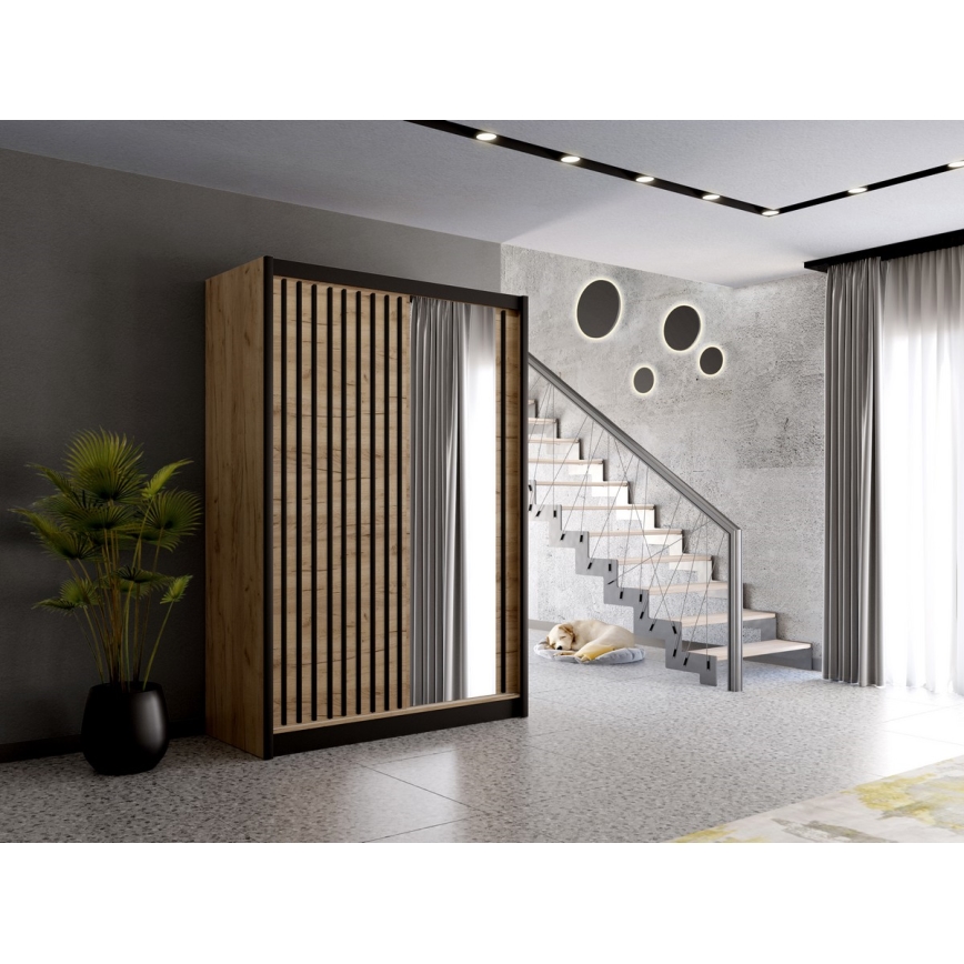 Armario ropero con espejo SANTINO 150x215 cm roble craft/negro