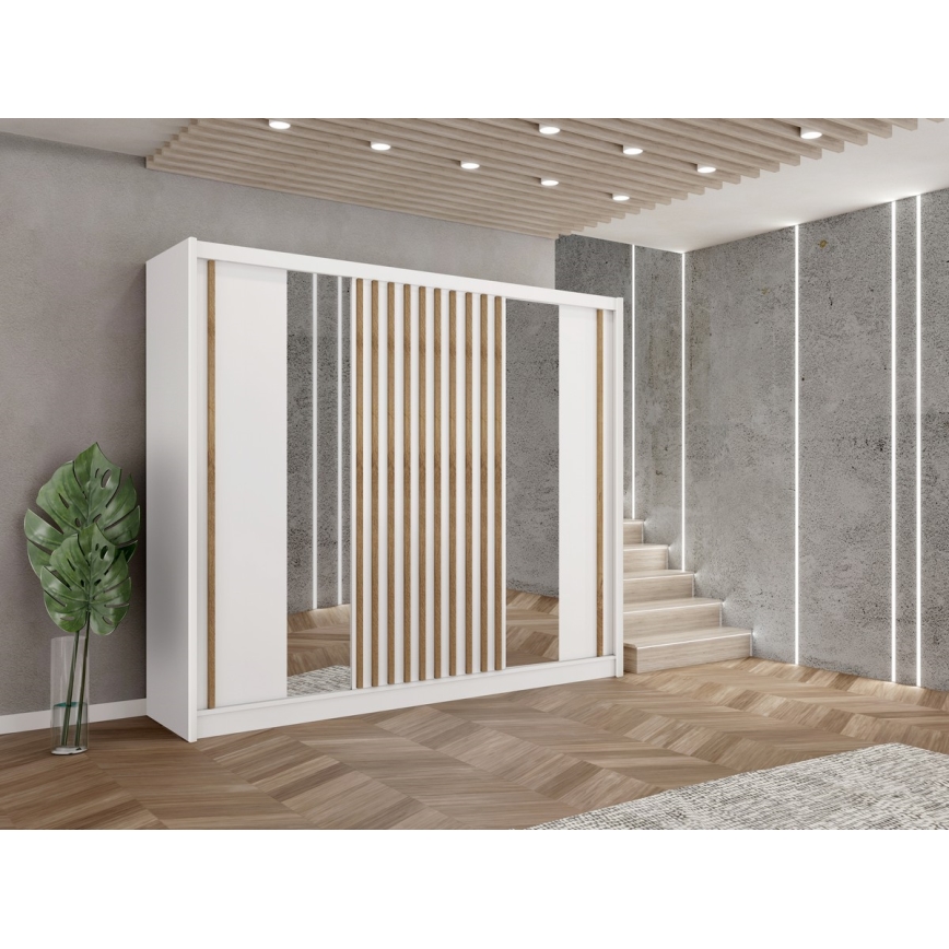 Armario ropero con espejo SANTINO 250x215 cm, blanco/roble craft