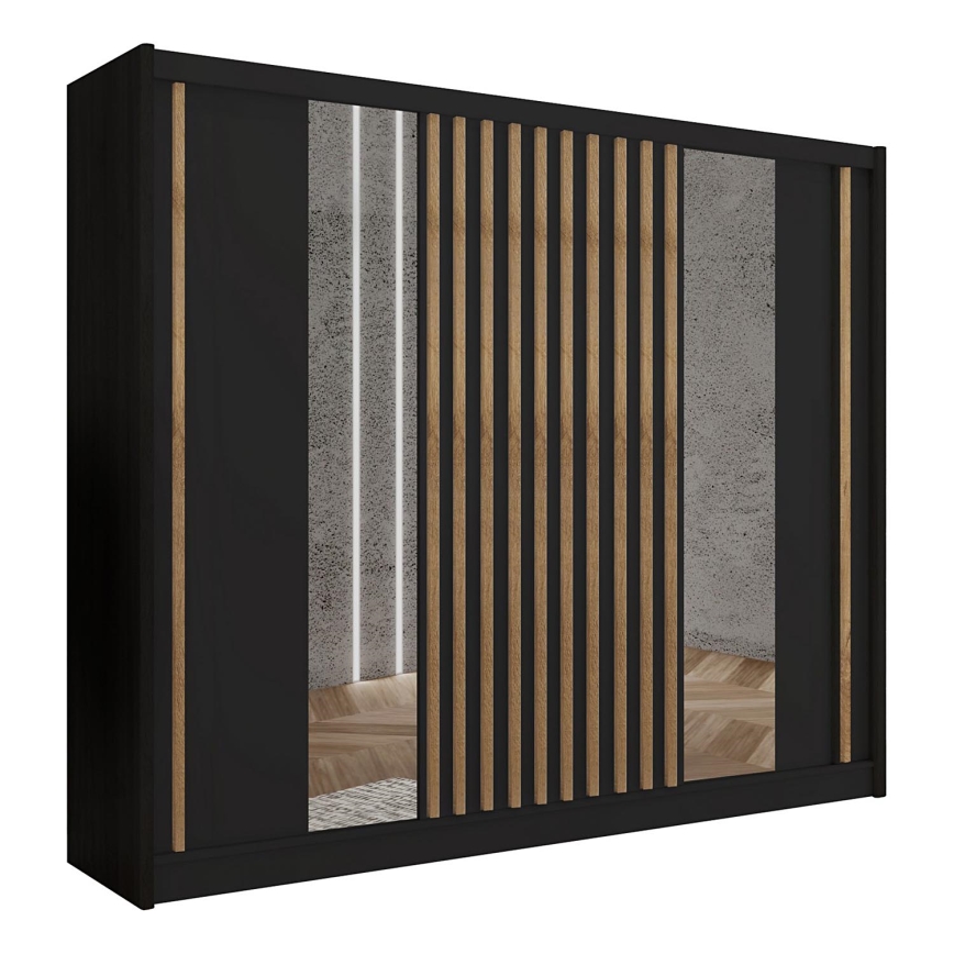 Armario ropero con espejo SANTINO 250x215 cm negro/roble craft