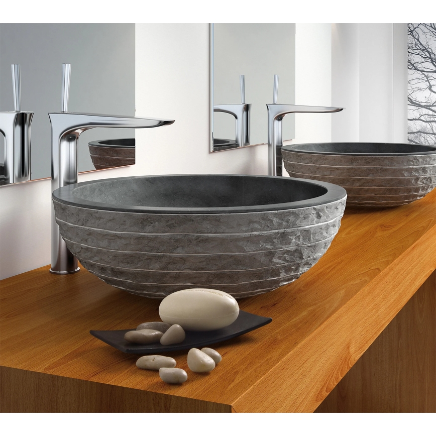 Bathco 00317 - Lavabo para encimera PUKET Ø 45 cm piedra/gris