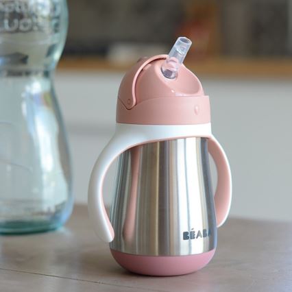 Beaba - Taza termoaislante con pajita 250 ml rosa